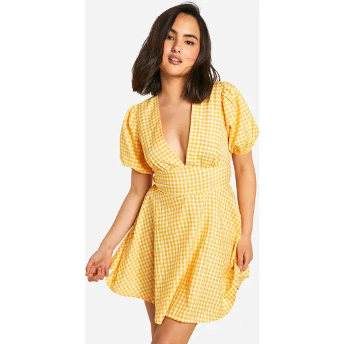 Robe Babydoll À Manches Bouffantes Et Carreaux - 36 - boohoo - Modalova