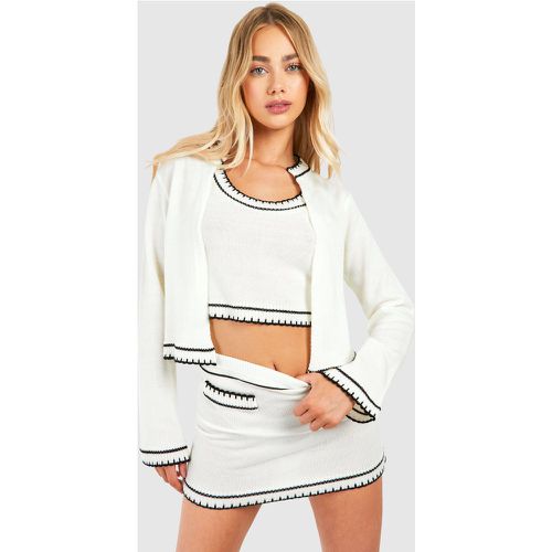 Ensemble 3 Pièces En Maille Avec Gilet, Crop Top Et Mini-Jupe - Blanc Écru - M, Blanc Écru - boohoo - Modalova