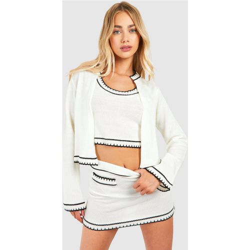 Contrast Stitch 3 Piece Knitted Cardigan, Crop Top And Mini Skirt Set - Blanc Écru - L, Blanc Écru - boohoo - Modalova