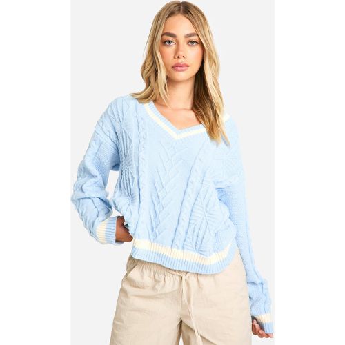 Pull En Maille Torsadée À Col V - L - boohoo - Modalova