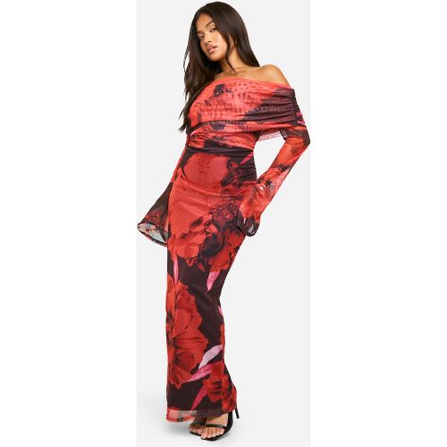 Robe Longue Froncée Fleurie À Col Bateau - 38 - boohoo - Modalova