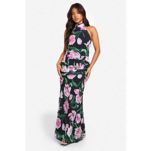Petite" - Robe Longue Froncée Fleurie À Col Montant - 34 - boohoo - Modalova