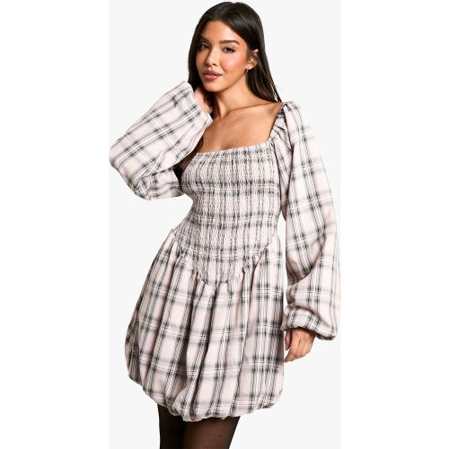 Robe Courte Froncée À Manches Bouffantes Et Carreaux - 38 - boohoo - Modalova