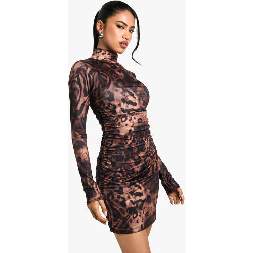 Robe Courte Froncée Soyeuse À Col Montant Et Imprimé Léopard - 36 - boohoo - Modalova