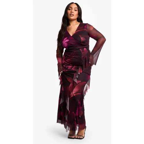 Grande Taille - Robe Portefeuille En Mesh À Volants - 52 - boohoo - Modalova
