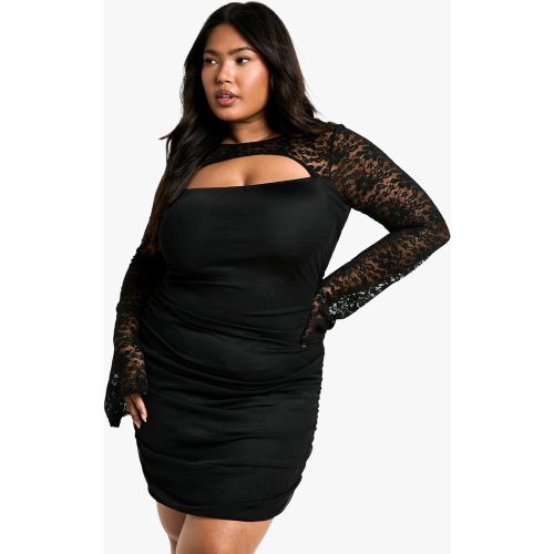 Grande Taille - Robe Moulante Froncée En Mesh Et Dentelle - 46 - boohoo - Modalova