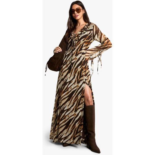 Robe Longue Volantée En Mousseline De Soie À Ceinture Et Imprimé Zèbre - 36 - boohoo - Modalova