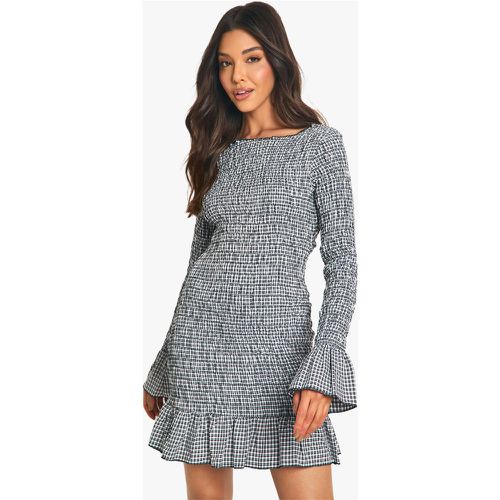 Robe Courte Froncée À Carreaux Et Manches Longues - 36 - boohoo - Modalova