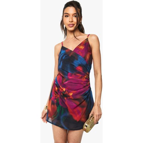 Robe Courte Froncée Fleurie En Mousseline De Soie - 36 - boohoo - Modalova