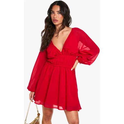 Petite" - Robe Courte Nouée En Mousseline De Soie À Manches Bouffantes - 36 - boohoo - Modalova