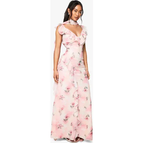 Robe Longue En Mousseline De Soie À Volants - 36 - boohoo - Modalova