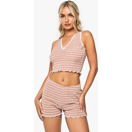 Ensemble De Pyjama À Bordures En Dentelle Avec Débardeur Rayé Et Short - 34 - boohoo - Modalova