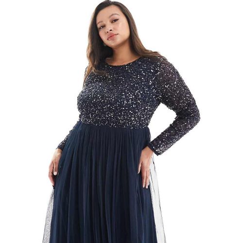 Robe longue en tulle à manches longues pour demoiselle d'honneur avec sequins délicats ton sur ton - Bleu - Maya Plus - Modalova