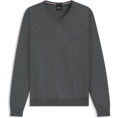 Pull à col V en laine vierge avec logo brodé - Boss - Modalova