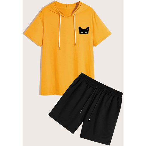 T-shirt à capuche avec imprimé chat et cordon & Short - SHEIN - Modalova