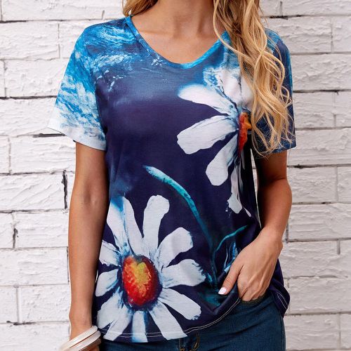 T-shirt à imprimé floral encolure V - SHEIN - Modalova