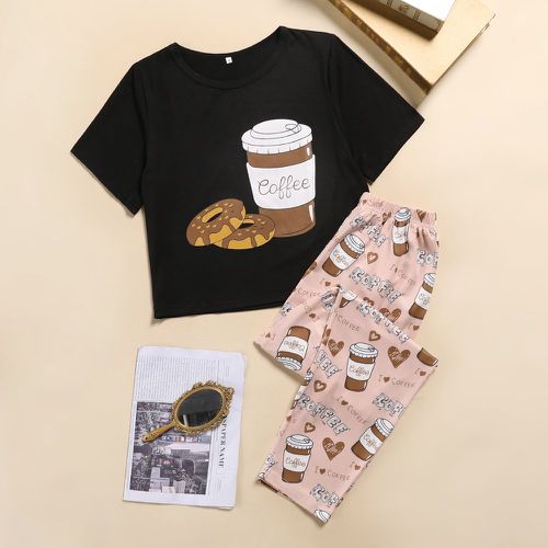 Ensemble de pyjama pantalon et t-shirt à imprimé café et lettres - SHEIN - Modalova