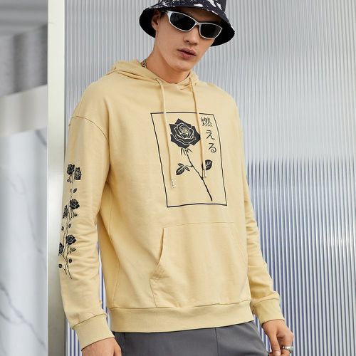 Sweat-shirt à capuche avec motif caractère japonais et imprimé fleur à poche kangourou à cordon - SHEIN - Modalova