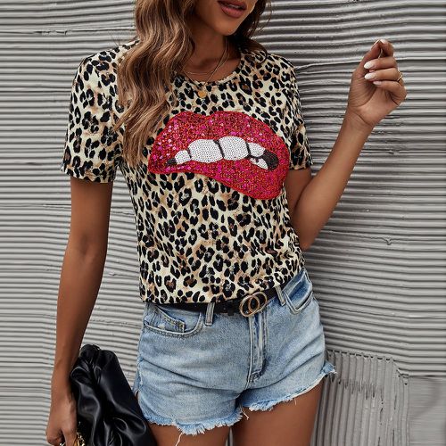 T-shirt léopard contrastant à paillettes à motif de lèvres - SHEIN - Modalova
