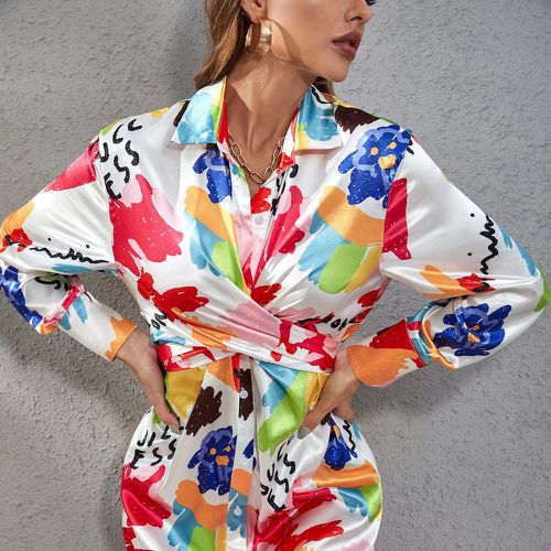 Robe chemise en satin à imprimé floral à nœud - SHEIN - Modalova
