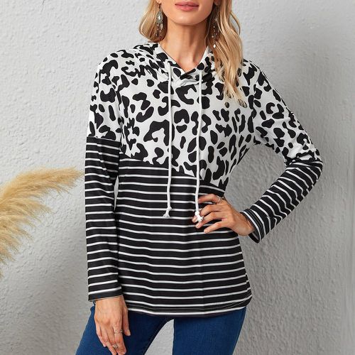 Sweat-shirt à capuche à rayures & léopard à cordon - SHEIN - Modalova