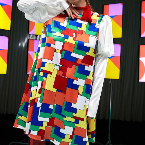 Robe tunique à imprimé géométrique à blocs de couleurs manches gigot en satin - SHEIN - Modalova