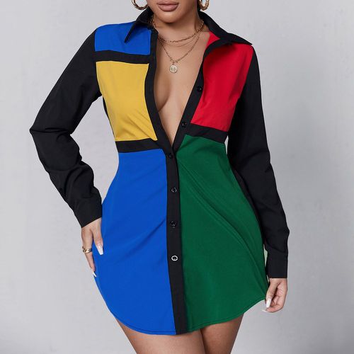 Robe chemise à blocs de couleurs à manches bouffantes - SHEIN - Modalova