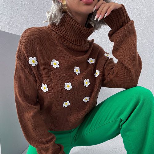 Pull à motif fleur à col roulé en tricot torsadé - SHEIN - Modalova