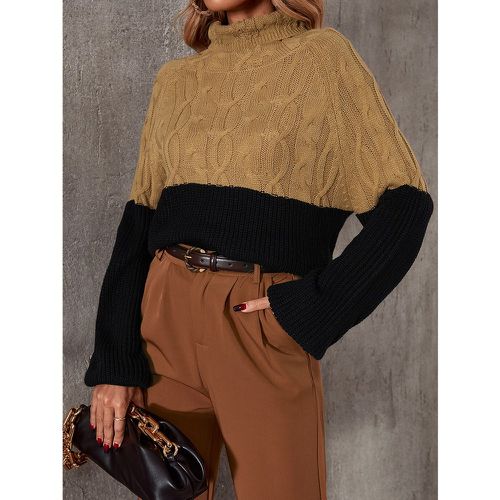 Pull bicolore à col roulé en tricot torsadé manches raglan - SHEIN - Modalova