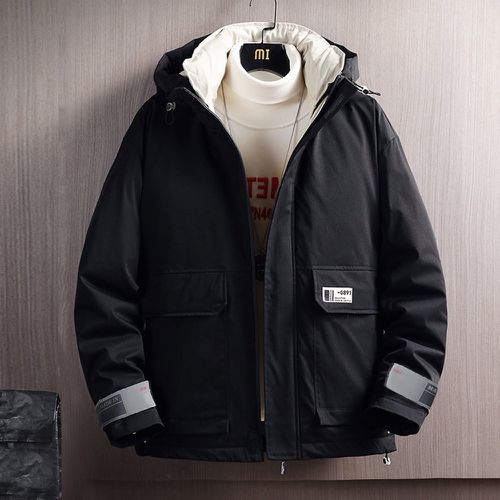 Manteau d'hiver à applique lettre à cordon poche à rabat à capuche (sans t-shirt) - SHEIN - Modalova