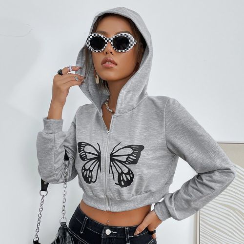 Sweat-shirt à capuche court à imprimé papillon zippé - SHEIN - Modalova