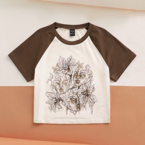 T-shirt court à manches raglan fleuri à motif de figure à blocs de couleurs - SHEIN - Modalova