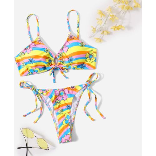 Bikini à rayures arc-en-ciel & à imprimé floral à nœud - SHEIN - Modalova