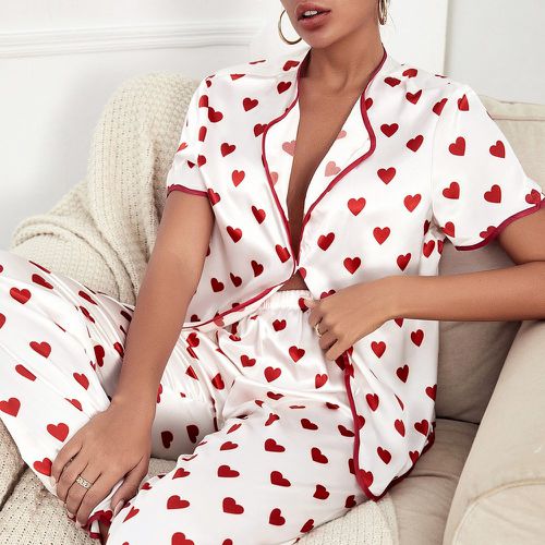 Ensemble de pyjama à imprimé cœur à liseré contrastant en satin - SHEIN - Modalova
