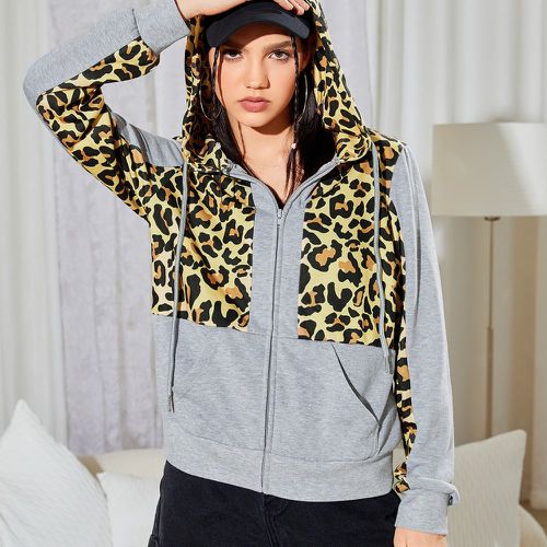 Sweat-shirt à capuche zippé à cordon léopard à blocs de couleurs à poche kangourou - SHEIN - Modalova