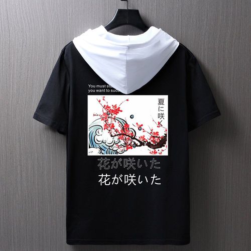 T-shirt à imprimé lettre japonaise et floral à blocs de couleurs à cordon à capuche - SHEIN - Modalova