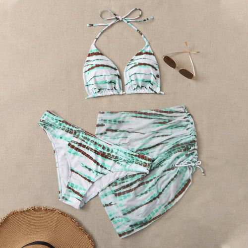 Bikini triangulaire ras-du-cou à imprimé avec Jupe de plage à cordon - SHEIN - Modalova