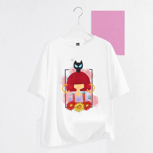 T-shirt à imprimé chat et figure - SHEIN - Modalova
