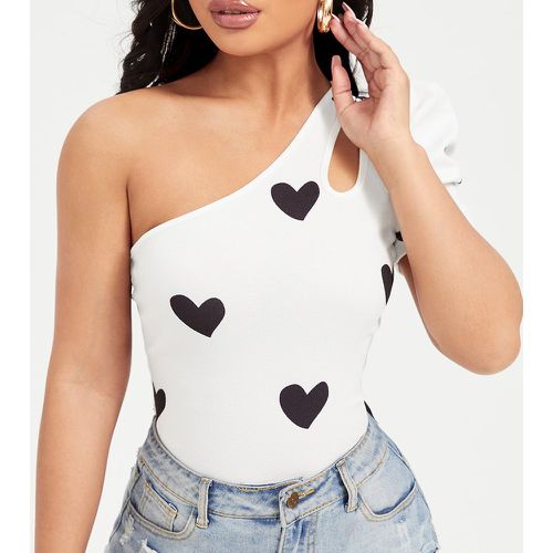 T-shirt creux asymétrique à manches bouffantes à imprimé cœur - SHEIN - Modalova