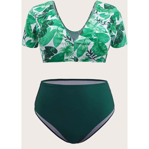 Bikini à imprimé végétale taille haute avec manches courtes - SHEIN - Modalova