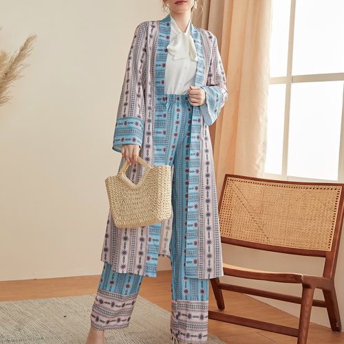 Manteau géométrique & à imprimé floral ouvert & pantalon - SHEIN - Modalova