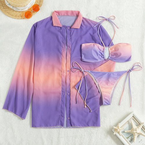 Pièces Bikini dégradé ras-du-cou à nœud & Kimono à bouton - SHEIN - Modalova