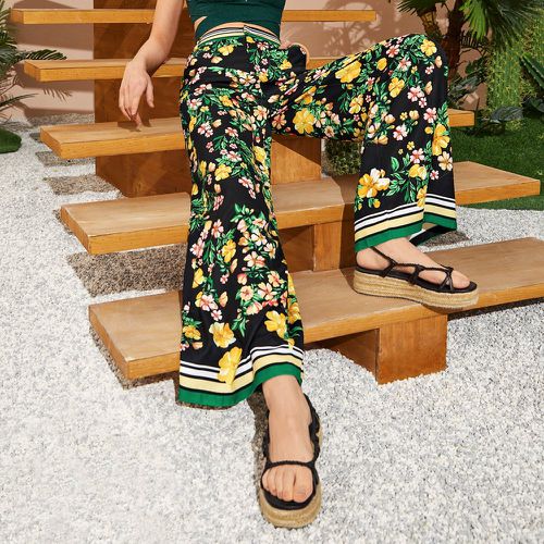 Pantalon ample taille haute à imprimé floral à ourlet à rayures - SHEIN - Modalova