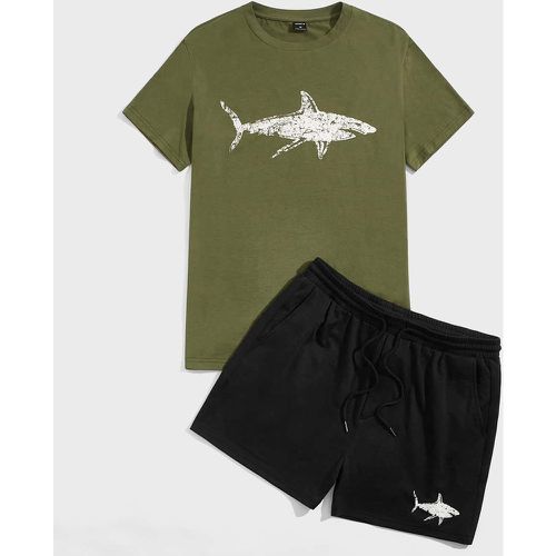 Ensemble short de sport à cordon et t-shirt à imprimé requin - SHEIN - Modalova
