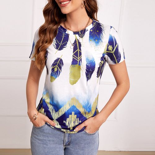 T-shirt à imprimé plume et géométrique - SHEIN - Modalova