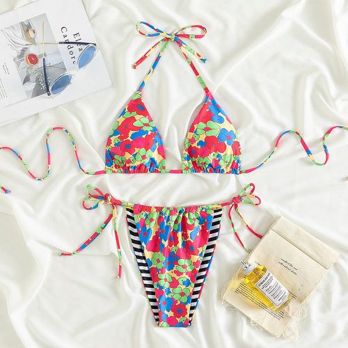 Bikini triangulaire ras-du-cou à imprimé floral et rayures - SHEIN - Modalova