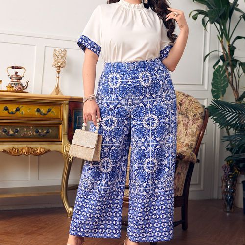 T-shirt à imprimé fleur et géométrique à plis & Pantalon ample - SHEIN - Modalova