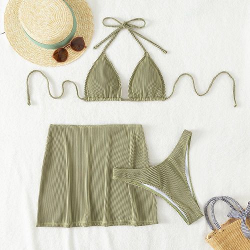 Bikini triangulaire ras-du-cou à rayures avec jupe de plage - SHEIN - Modalova