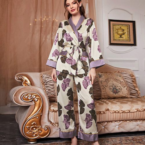 Ensemble de pyjama pantalon & top à col châle à imprimé floral ceinturé en satin - SHEIN - Modalova