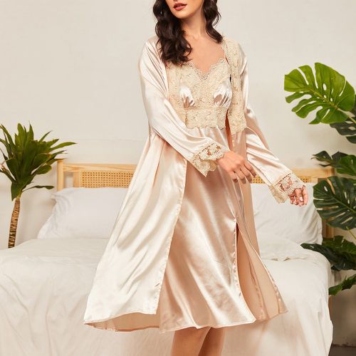 Ensemble de pyjama Robe à fines brides en satin fendu avec dentelle & Peignoir - SHEIN - Modalova